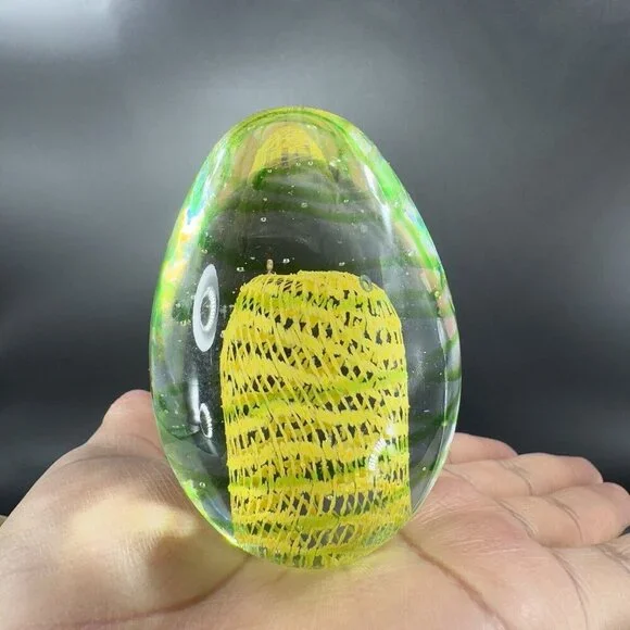 Art Glass Paperweight With Yellow Green Swirls All Over Egg Shaped Paperweight - Picture 8 of 16